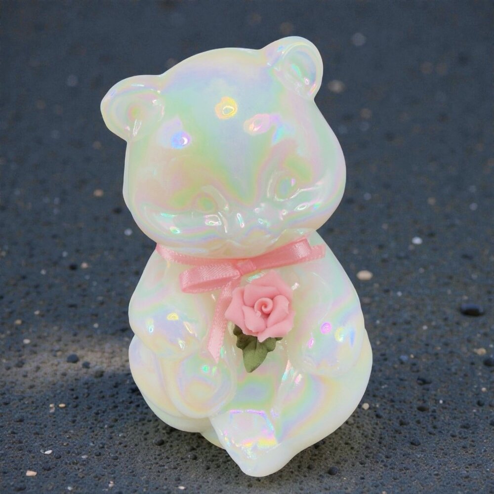 Fenton Iridescent Opal Glass Bear With Rose Handpainted‎ Stamp Sticker Marked